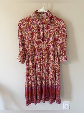 Natural Life Becca Pink Floral Tiered Dress Size Small Half Sleeve
